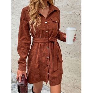 Corduroy Rust Brown Casual Button Up Shirt Style Belted Mini Dress Long Sleeves